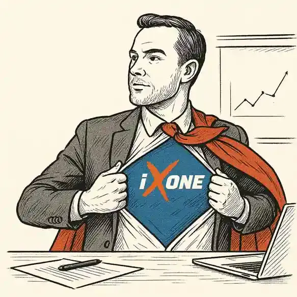 Illustration eines Unternehmers mit ixOne-Logo am Schreibtisch